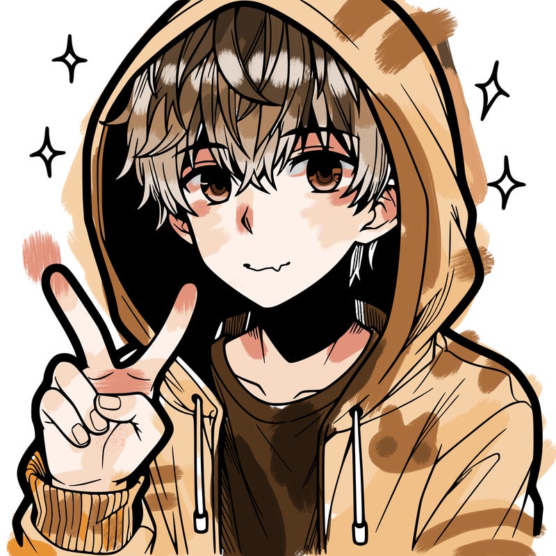 teenage manga boy in a hoodie, doing ✌