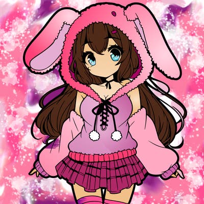 pretty anime girl wearing a fluffy hoodie with bunny ears on the hood and a skirt