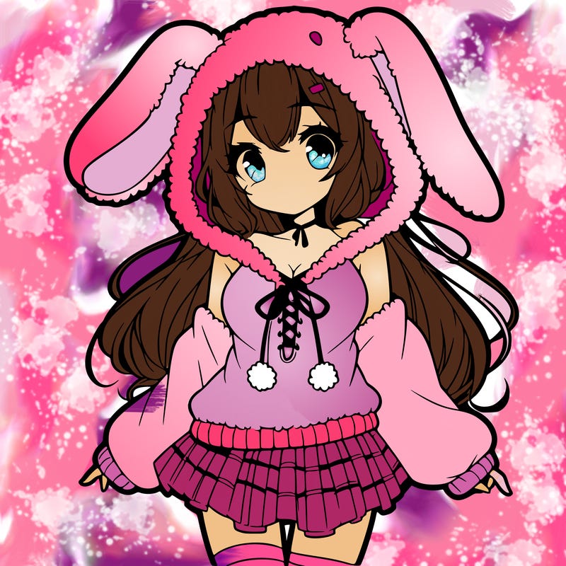 pretty anime girl wearing a fluffy hoodie with bunny ears on the hood and a skirt