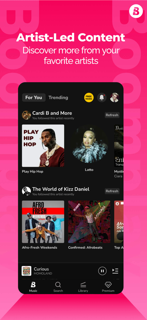 Boomplay Lite app interface displaying personalized artist recommendations and trending Afrobeats playlists.