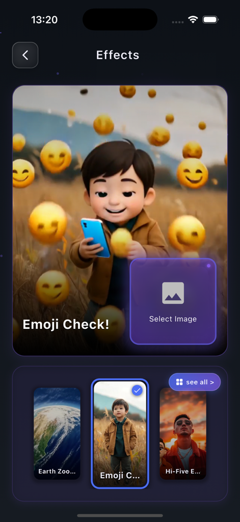 Matty:AI Image-Video Generator - A mobile interface for Matty AI showing a selection of video effects including a cartoon character with floating emojis.