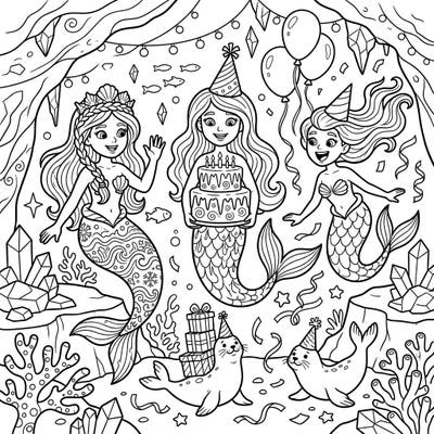 Join a joyous underwater birthday celebration with our unique Arctic Mermaids coloring page. Discover mermaids and their seal friends celebrating amidst ice crystals, ready for your creative splash of color.
