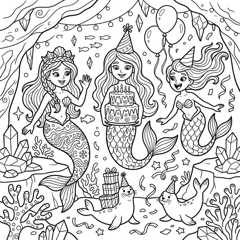 Join a joyous underwater birthday celebration with our unique Arctic Mermaids coloring page. Discover mermaids and their seal friends celebrating amidst ice crystals, ready for your creative splash of color.
