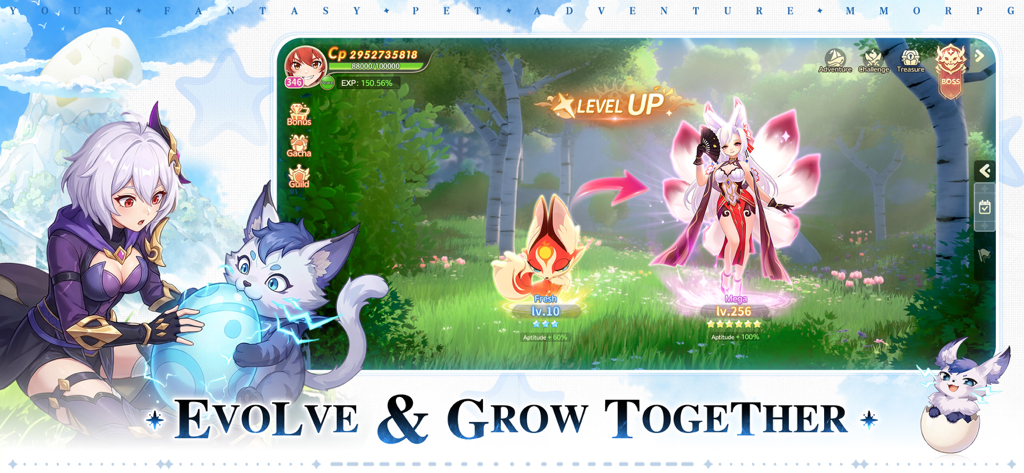 Gameplay screenshot of Magicmon World showing a pet evolving from a small creature to a high-level fox spirit in a vibrant forest