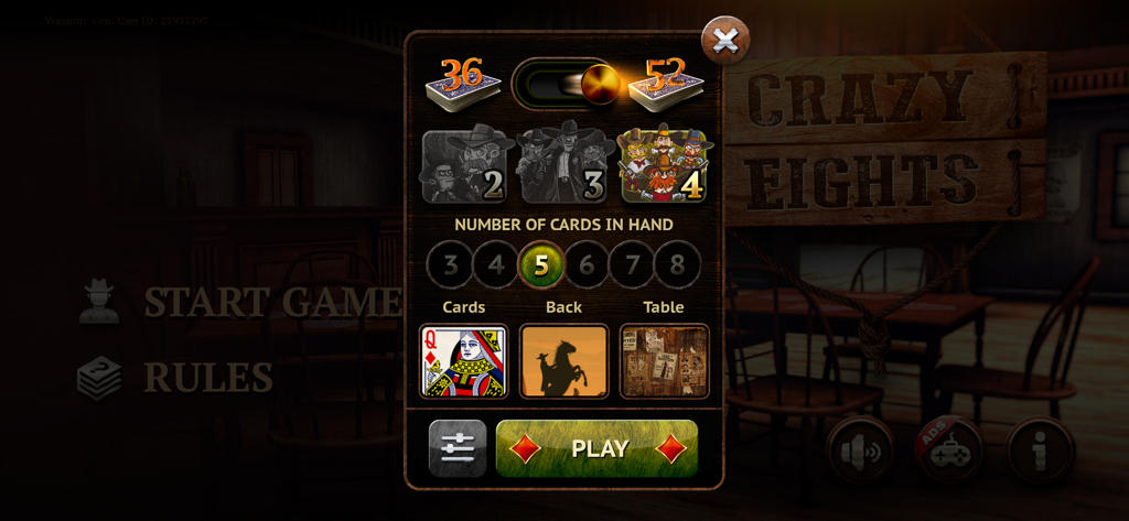 Crazy Eights Elite - Game settings menu of Crazy Eights Elite showing customization for players and card deck size