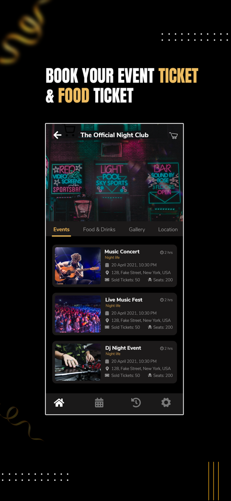 ナイトクラブのイベントとフードチケットの予約を示すNoche Appインターフェース
