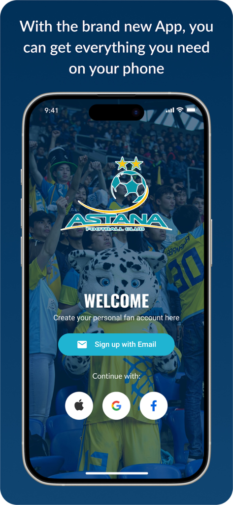 Astana FC - Astana FC mobile app welcome screen featuring the snow leopard mascot and fan signup options