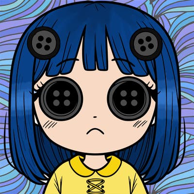 girl with button eyes and not smiling