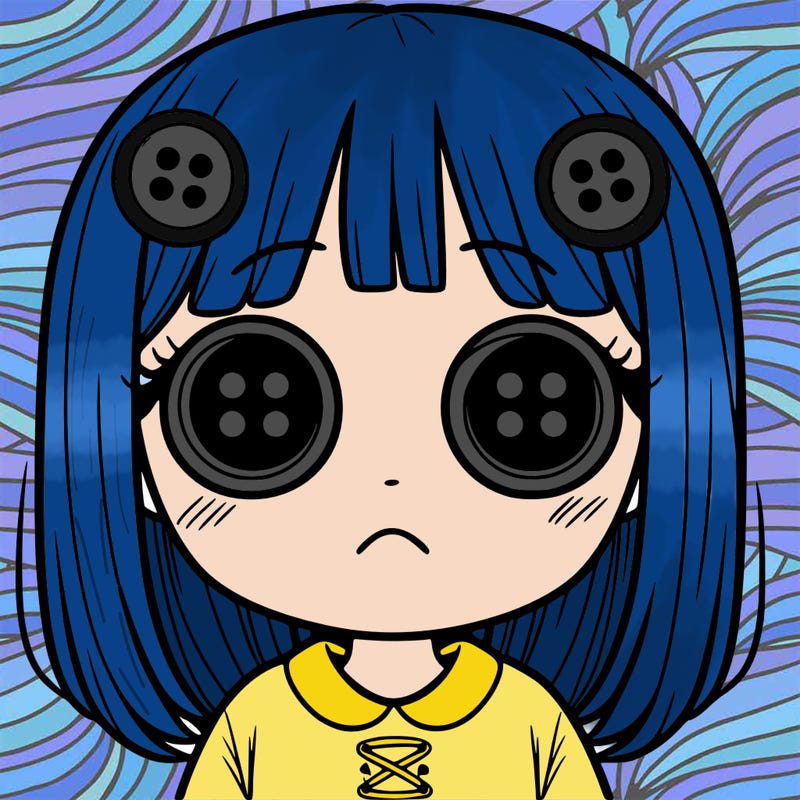 girl with button eyes and not smiling