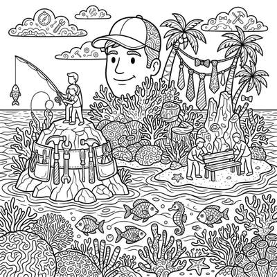 Dive into a unique Father's Day celebration with this intricate coloring page set on vibrant coral islands. Discover dads fishing, building, and surrounded by beautiful marine life, ready for your creative touch.