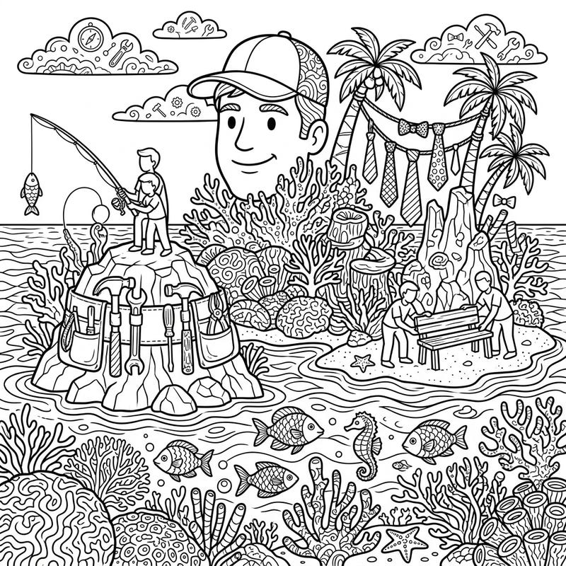Dive into a unique Father's Day celebration with this intricate coloring page set on vibrant coral islands. Discover dads fishing, building, and surrounded by beautiful marine life, ready for your creative touch.