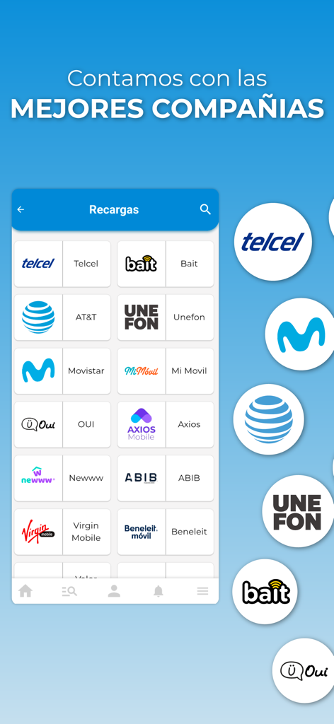 Pagaqui V2 - A list of mobile network carriers like Telcel and AT&T for airtime top-ups in the Pagaqui V2 app interface.