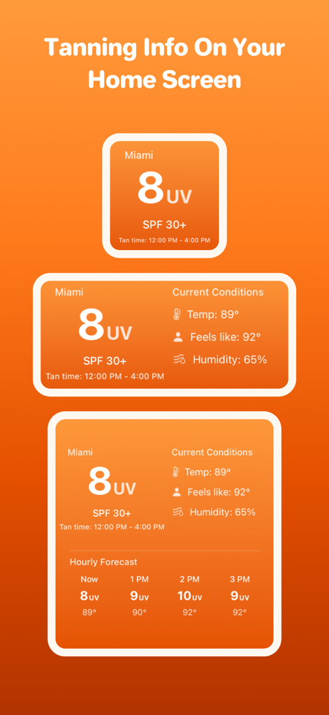 Sunny Pal - Widget dell'app Sunny Pal che mostrano l'indice UV e le informazioni sull'abbronzatura