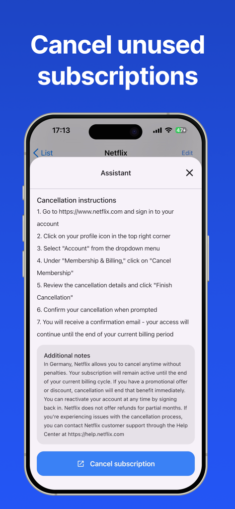 Subscription Manager: ReSubs - ReSubs app displaying step-by-step instructions to cancel a Netflix subscription