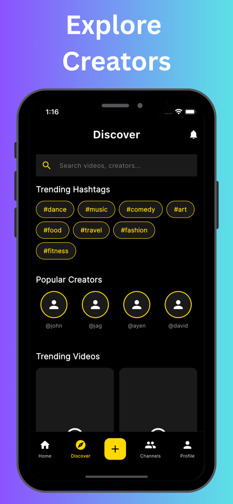The Discover screen of the Vyro app showing trending hashtags and popular creators