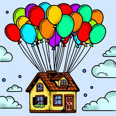 house floating from lots of balloons