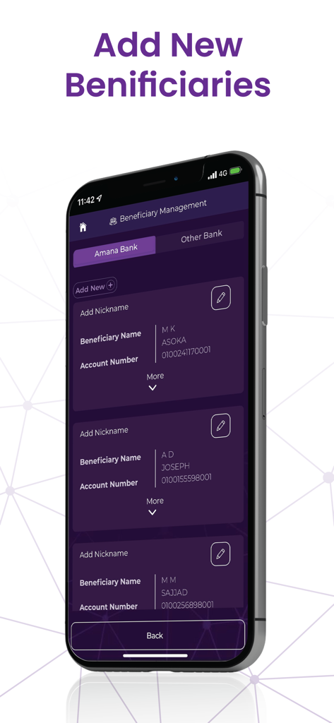 A smartphone showing the beneficiary management screen of the Amãna Bank mobile app for adding and viewing account contacts