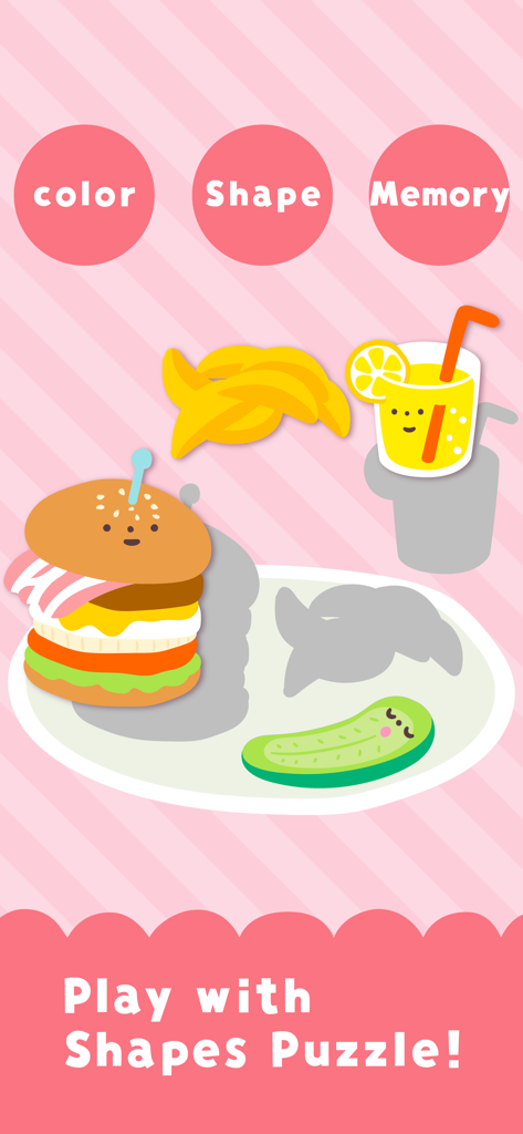 Food Match - Matching pictures - A children's puzzle game screen showing cute food characters being matched to their shapes on a plate