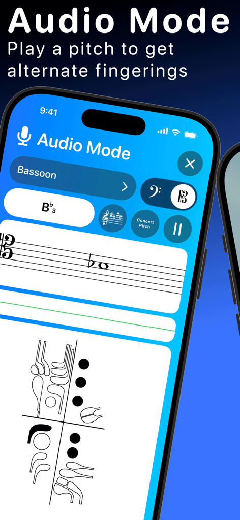 Fingering Charts app Audio Mode screen showing bassoon fingerings and pitch detection