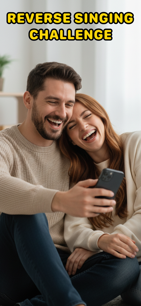 ReFlip: Reverse Audio & Play - Ein glückliches Paar lacht, während es die ReFlip Reverse Singing Challenge auf seinem Smartphone spielt