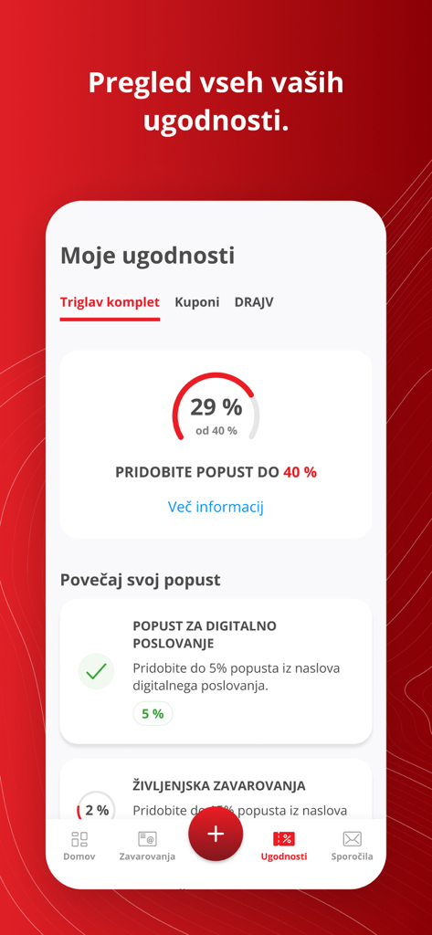 i.triglav - A mobile interface of the i.triglav app showing a loyalty discount progress tracker and available insurance benefits.