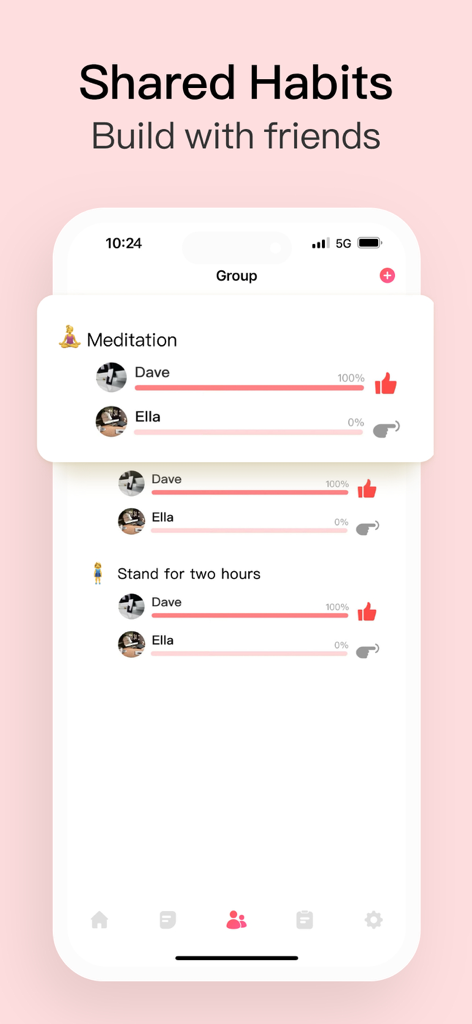 Habit Tracker app interface showing the Shared Habits feature for tracking group progress with friends.