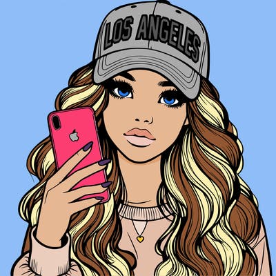 realistic beautiful girl wearing los ángeles cap holding an iphone