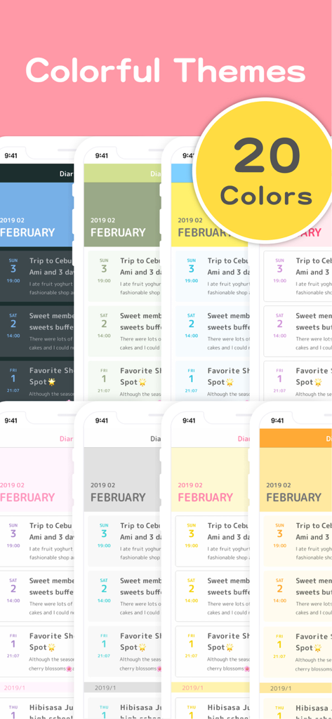 A display of various colorful theme options and interface designs for the Diary Note app