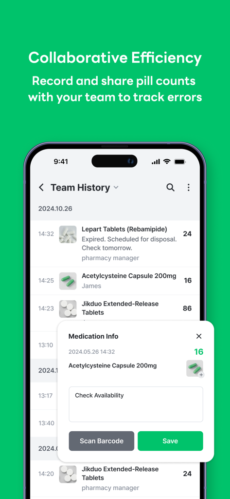 PillEye – tablet, pill counter - PillEye app screen showing the team history feature for collaborative pill counting and tracking