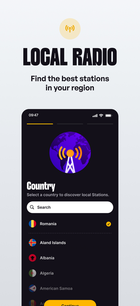 ZenoRadio - Interfaz de la aplicación ZenoRadio mostrando una lista de países para seleccionar y descubrir estaciones de radio locales