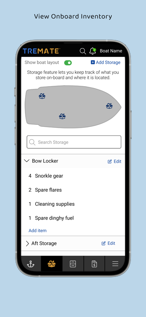 TreMate - Pantalla de la aplicación TreMate que muestra la gestión del inventario a bordo del barco con un diagrama de distribución y una lista de artículos almacenados en el cofre de proa.