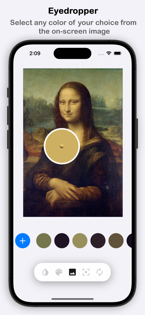 Mobile app interface showing the eyedropper tool selecting a golden hue from the Mona Lisa painting to create a color palette