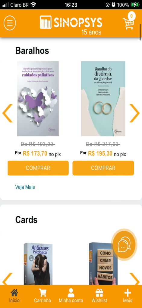 L'interface de l'application Sinopsys Editora présente des jeux de cartes thérapeutiques pour la pratique psychologique.