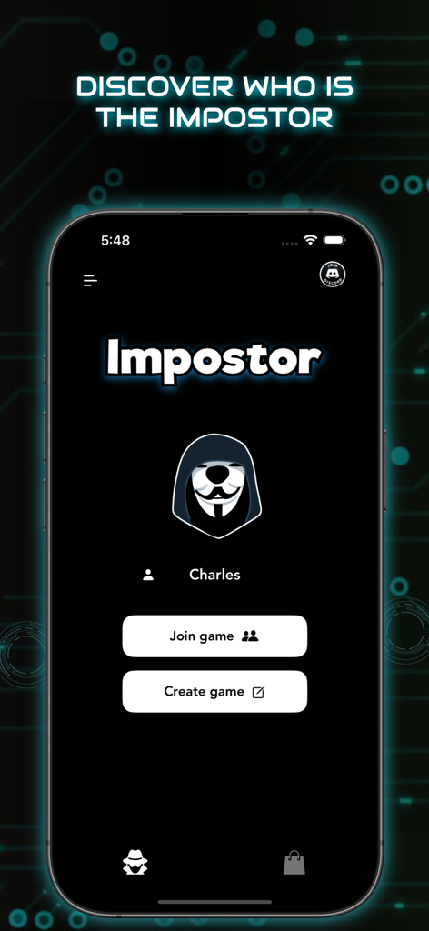 Main menu of the Imposter Party Word Game app featuring join and create game options