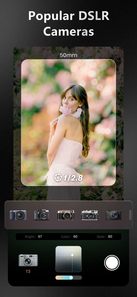 ReLens app interface showing a portrait with bokeh and a selection of popular DSLR camera simulations.
