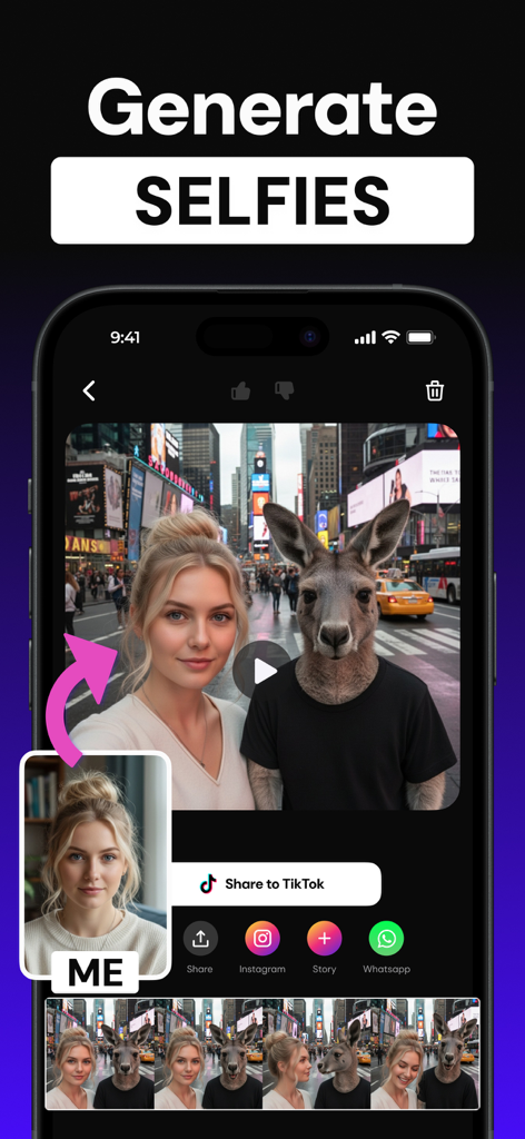 Boom AI app interface showing an AI generated video of a woman taking a selfie with a kangaroo in Times Square