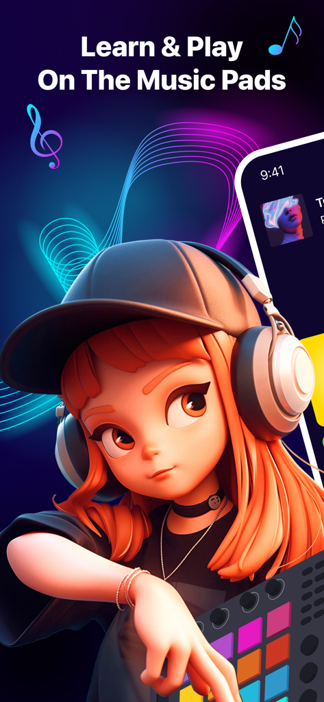 Music Pads: Beat Maker Machine - A girl with headphones playing on colorful music pads