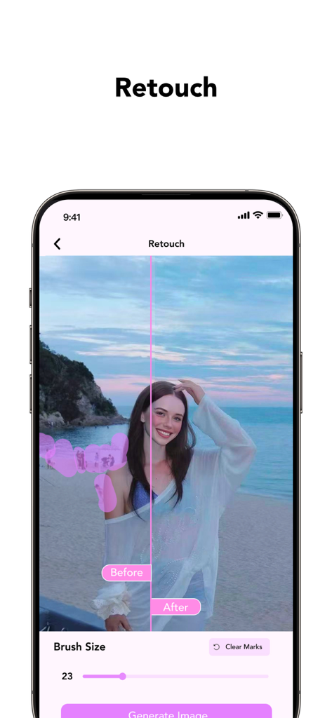 GlowCam: AI Photo Editor - GlowCam app showing AI retouch feature to remove unwanted people from a beach photo