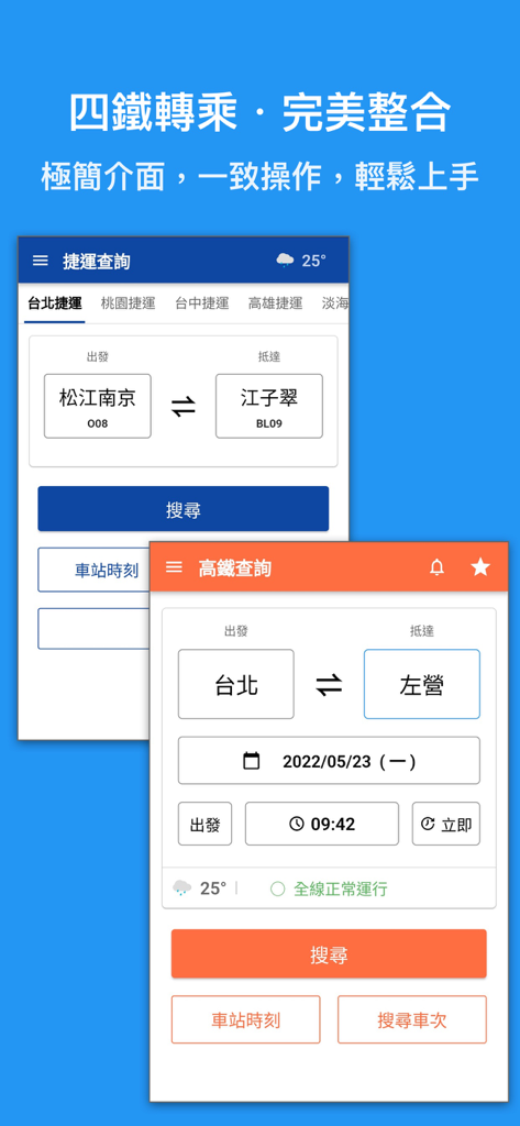 Interface of Taiwan Railway Express app showing metro and high speed rail search screens for route planning.