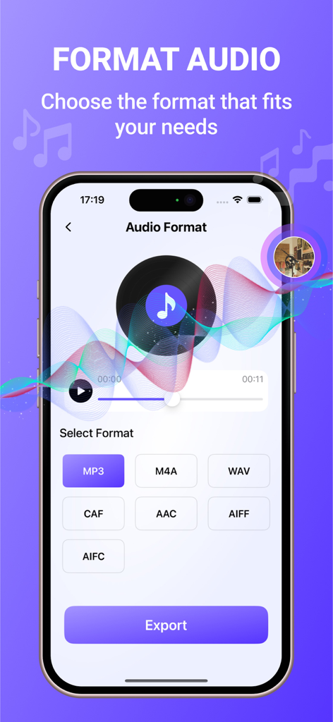 MP3 Converter: Audio Tools - Interface of MP3 Converter app showing multiple audio export formats like MP3, M4A, and WAV