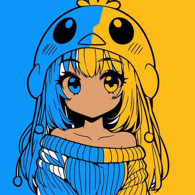 anime girl with chick shaped hat with sweater with bare shoulders with bangs covering them one eye with low tail