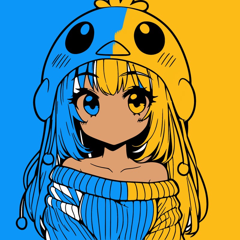 anime girl with chick shaped hat with sweater with bare shoulders with bangs covering them one eye with low tail