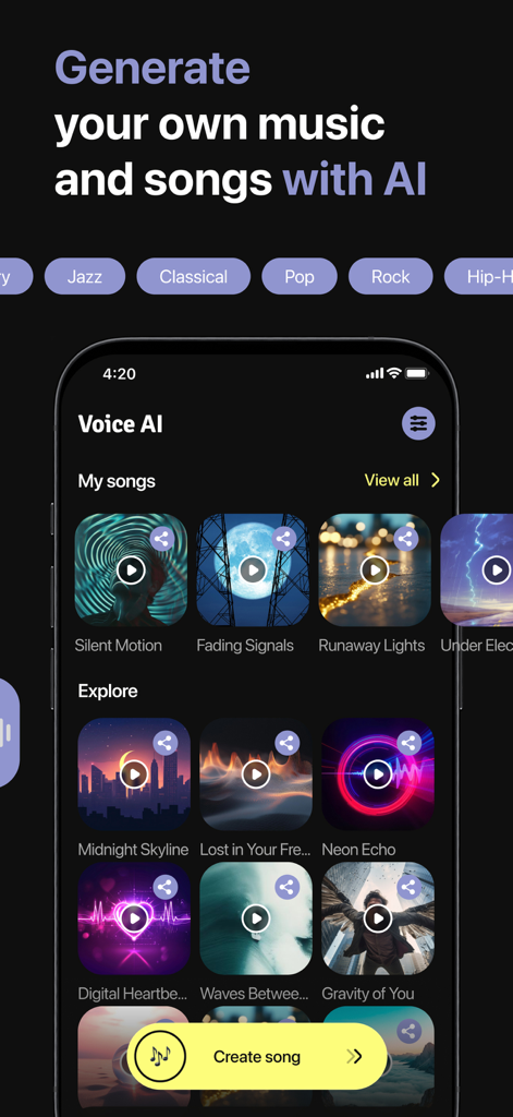 Screenshot der KI-Musikmacher-Oberfläche, der eine Sammlung generierter Songs und eine Schaltfläche zum Erstellen von Songs zeigt