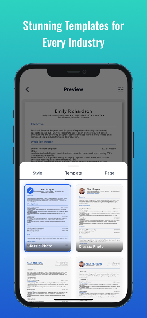 Resume Builder: CV Maker & AI - Resume Builderアプリのスクリーンショット。様々な業界向けのプロフェッショナルCVテンプレートを表示