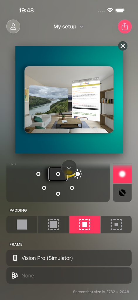 Frame Screenshots: Shareshot - Shareshot App-Oberfläche mit Screenshot-Bearbeitungswerkzeugen für das Apple Vision Pro-Simulator