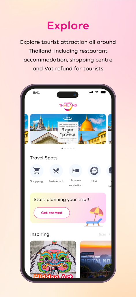 Amazing Thailand. - Amazing Thailand travel app home screen showing travel spots and trip planning features