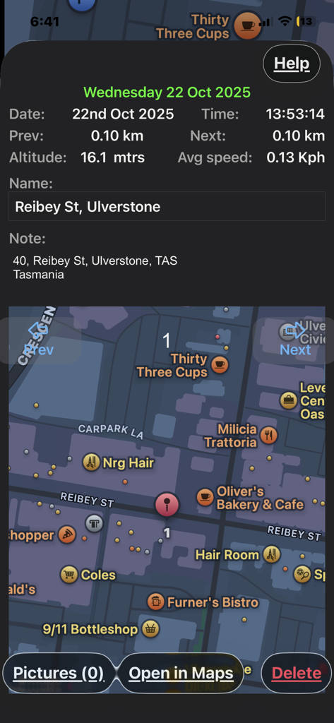 Track My Trip app screenshot showing detailed GPS logging data including speed altitude and a map view