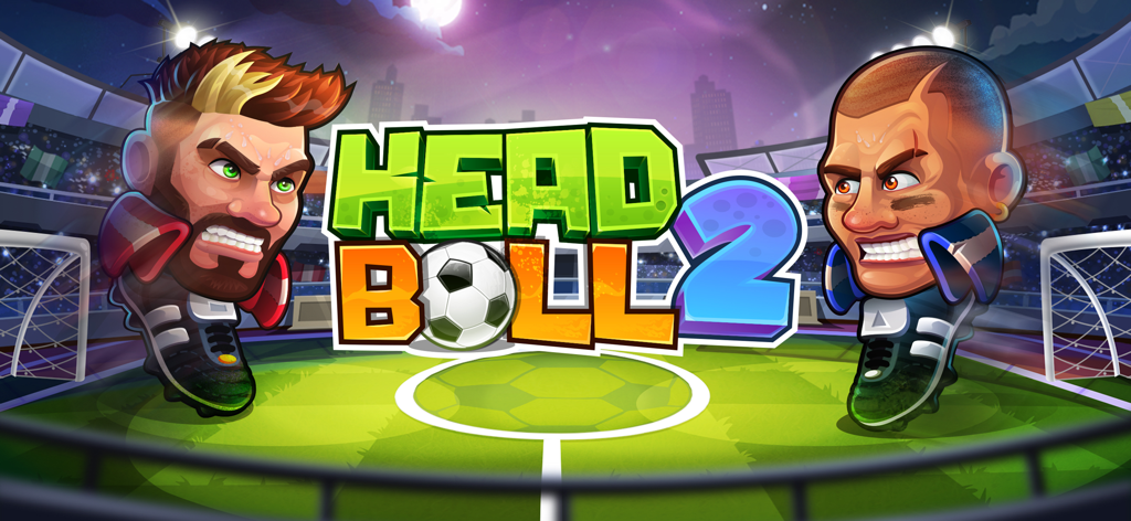 Head Ball 2 - Soccer Game - Head Ball 2のメインタイトル画面、スタジアムにいる2人のカートゥーン風サッカーキャラクターが登場