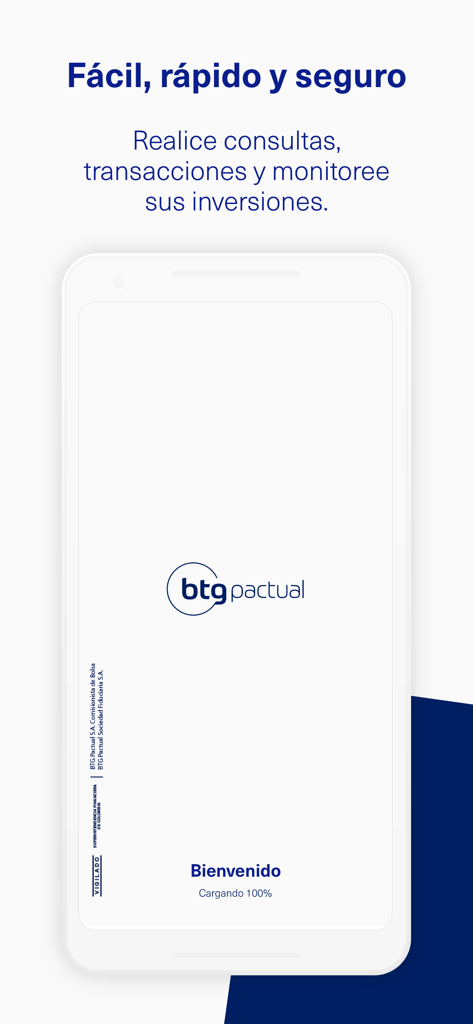 BTG Pactual Colombia - BTG Pactual 콜롬비아 금융 앱의 환영 화면, 브랜드 로고 표시