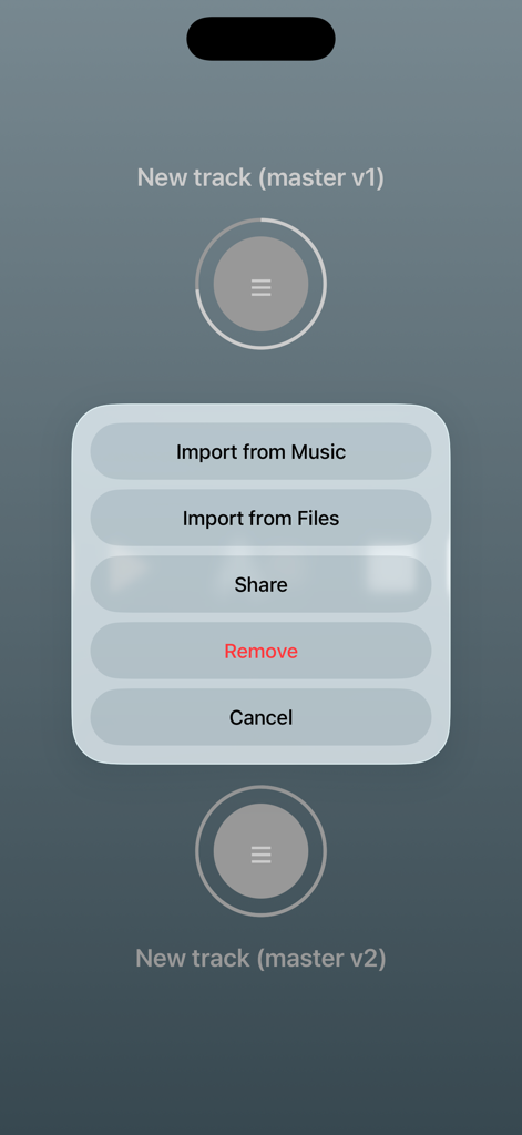 A/B Audio - A/B Audio app track import menu with options for Music and Files